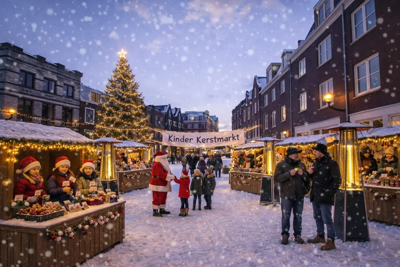 Sfeervol kerstplein met kraampjes en lichtjes op het Gouwplein in Weesp